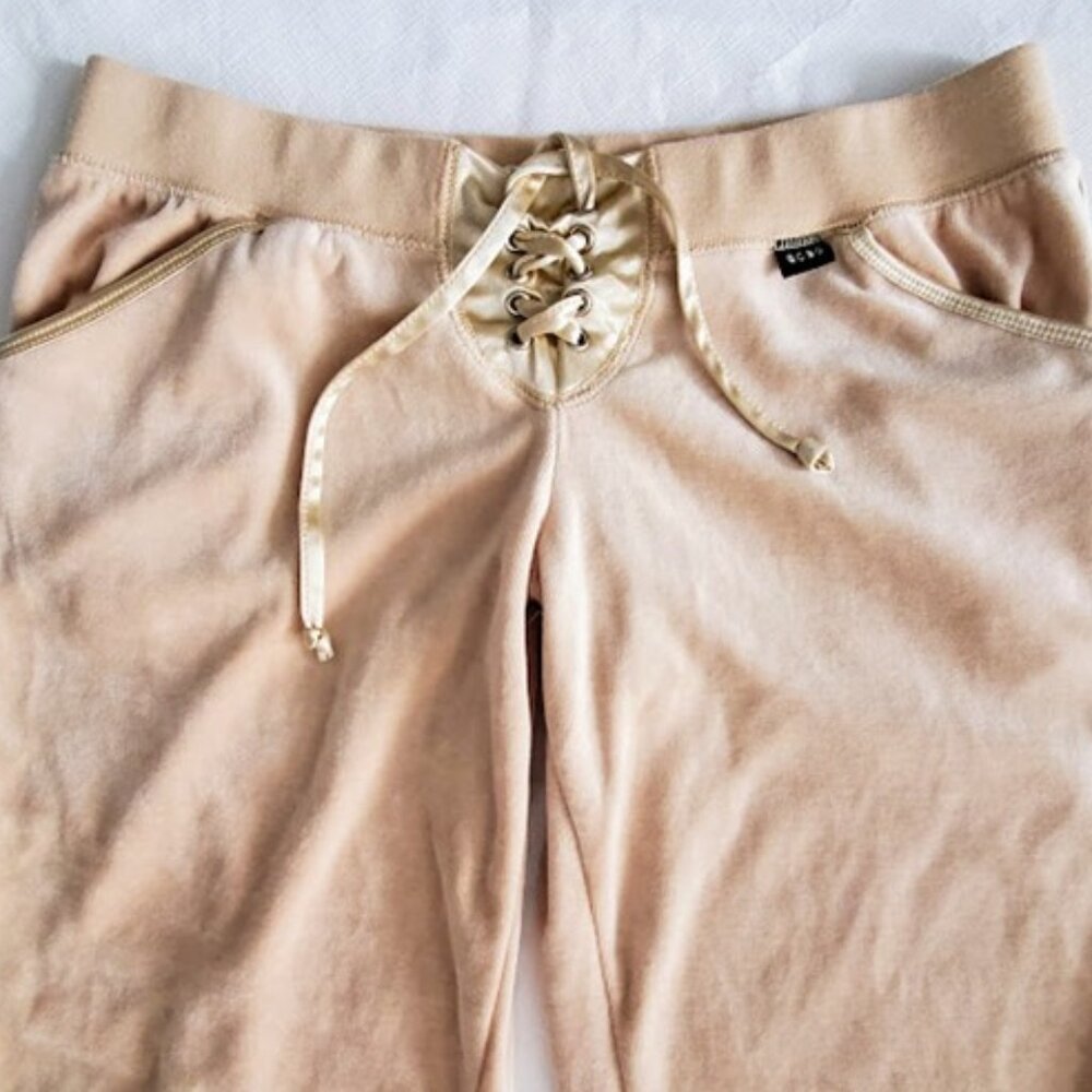 BCBGMaxAzria Y2K Velour Wide Leg Satin Lace-Up Athleisure/Lounge Pants Tan Sz S